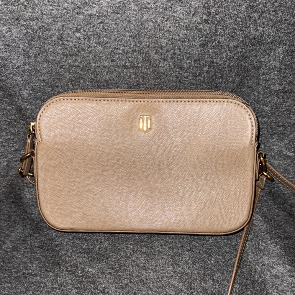 Tommy Hilfiger Tan Crossbody Camera Bag with Gold Hardware